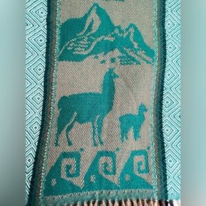 ALPACA Wool Blend Scarf in Teal and Beige Andes Mountains- Made in South America